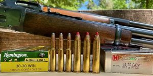 Different types of ammunition laid out next to a lever action rifle, including .30-30 and .45-70 cartridges.